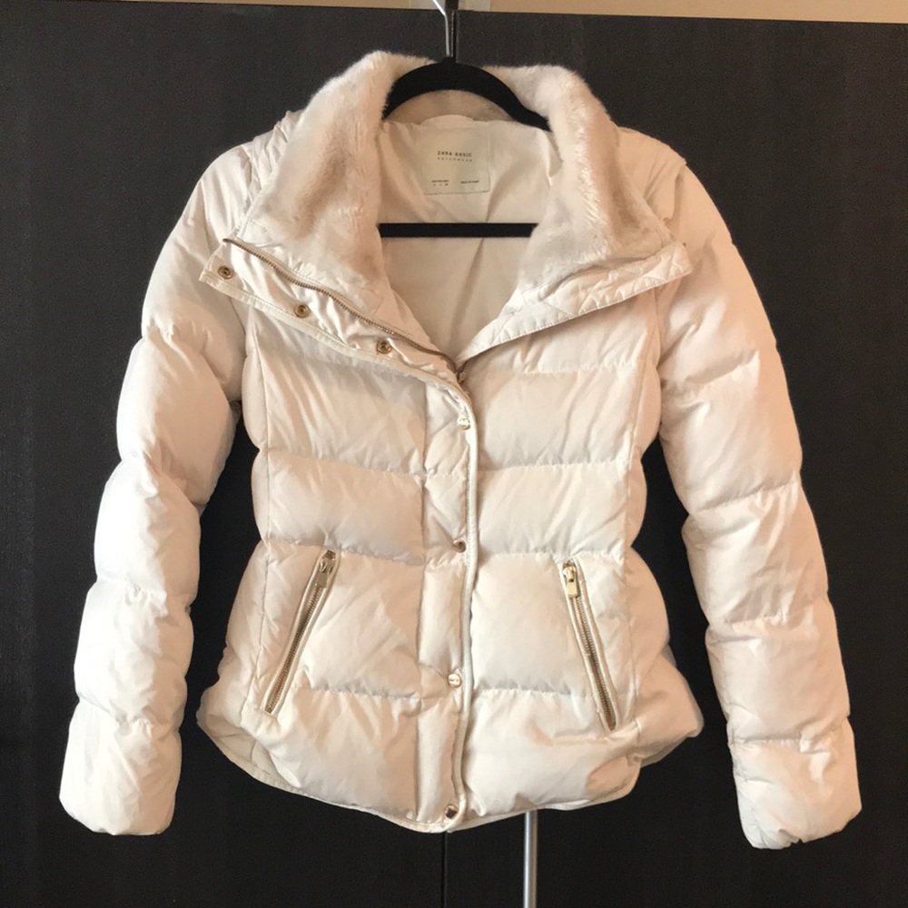 Lovely Soft Zara Creme Colored Outerwear Puffer Jacket - Gold Accents